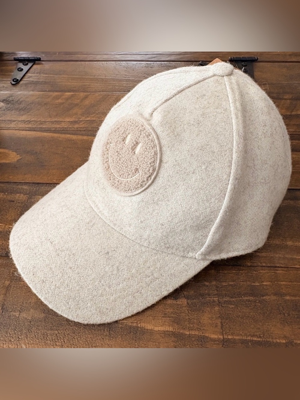 Steve Madden Beige Wool Blend Cap with Smiley Patch NWT